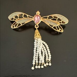 Vintage Big Dragonfly Brooch by Avon Pink Rhinestone Enamel Dangle Pearl Tassel
